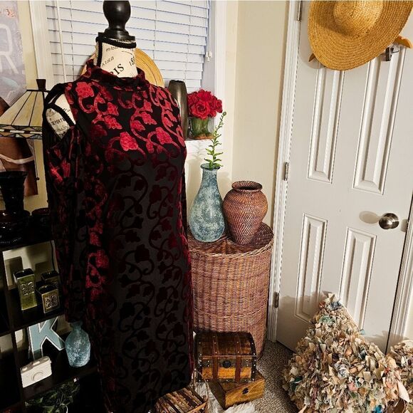 Design Lab Sexy Cold Shoulder Burgandy Burnout Velvet Bodycon Dress. M Fit - Picture 13 of 16